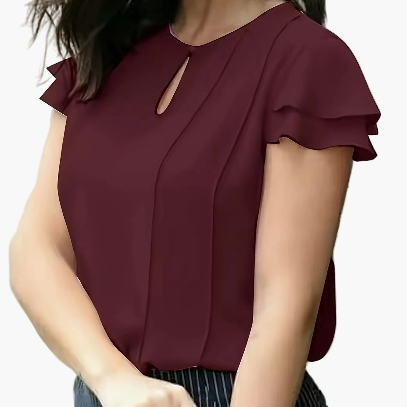 Women's Elegant Blouse with Ruffled Sleeves and Keyhole Neckline – Perfect for Office & Casual Wear