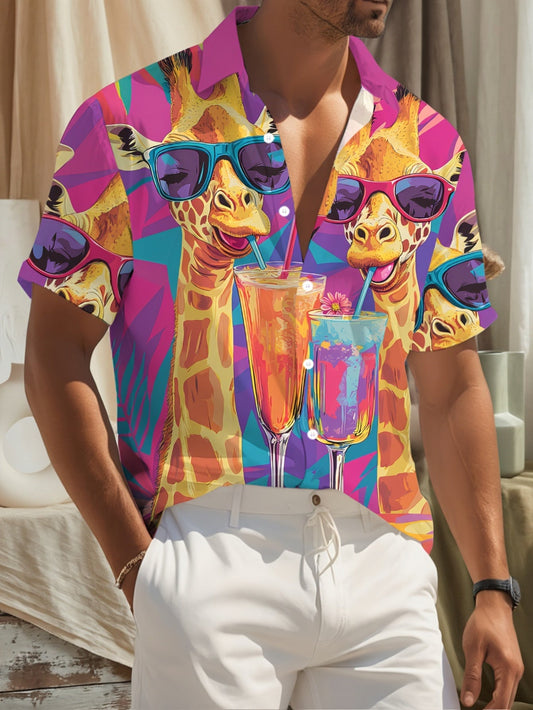 Herren Hawaii-Hemd mit Giraffen-Print und Cocktails – Sommer Party Kurzarm Freizeitshirt