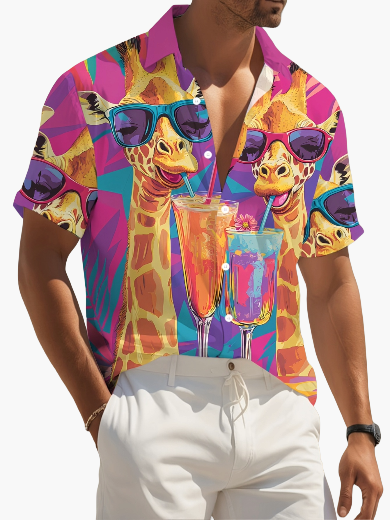 Men's Hawaiian Shirt with Giraffe Print and Cocktails – Summer Party Short-Sleeve Casual Shirt