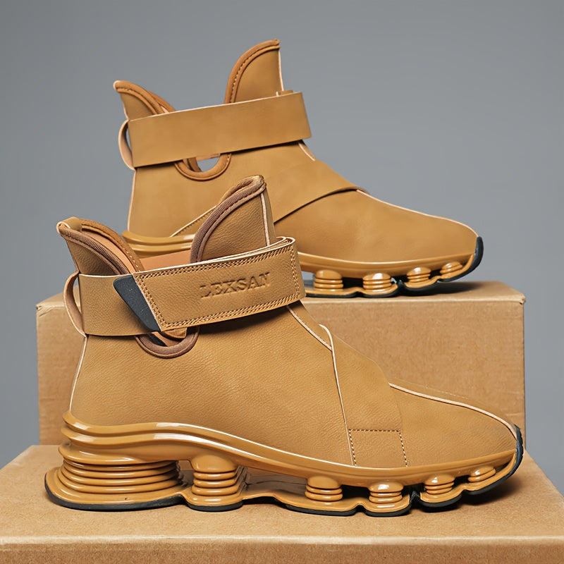 Men's black high-top sneaker boots with a red sole, laces, and Velcro closure