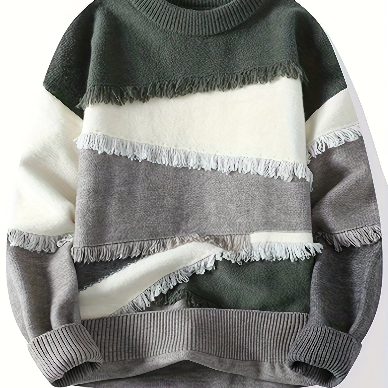 Unisex long-sleeve pullover with color-block design, fringe, and crew neck