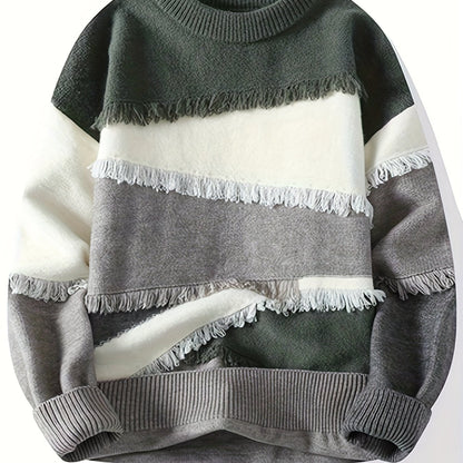 Unisex long-sleeve pullover with color-block design, fringe, and crew neck