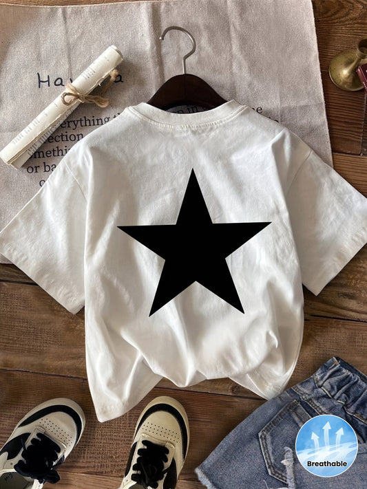 Women's T-Shirt with Large Star Print – Sporty Street Style for Spring and Summer