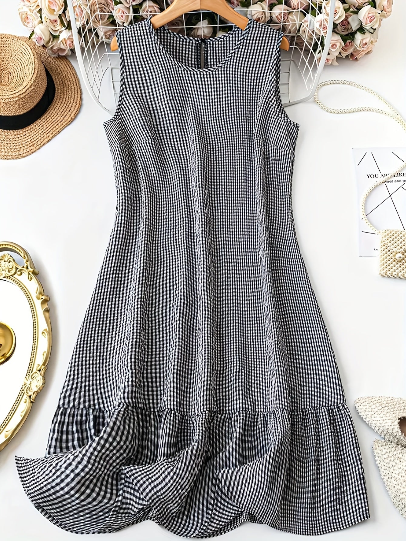 Women's Sleeveless Checked Midi Dress with Ruffles – Elegant Casual Look for Everyday and Outings