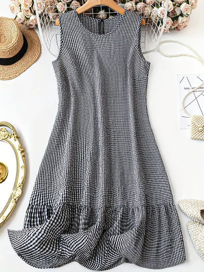 Women's Sleeveless Checked Midi Dress with Ruffles – Elegant Casual Look for Everyday and Outings