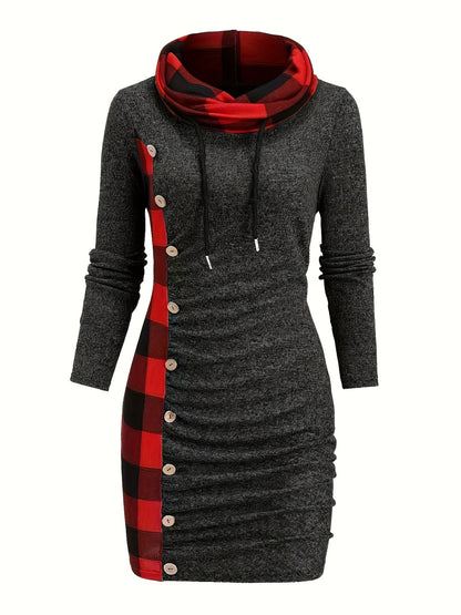 Damen Pulloverkleid mit Rollkragen, kariertem Einsatz & Knöpfen, Langarm, tailliert