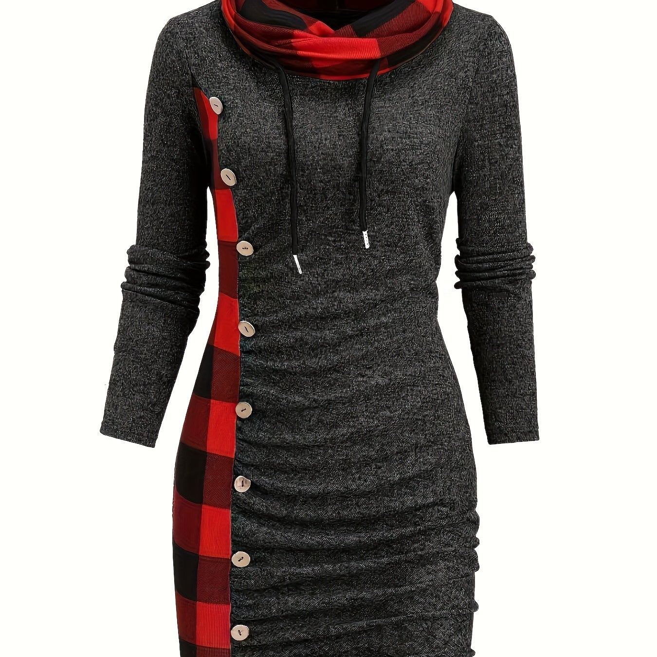 Damen Pulloverkleid mit Rollkragen, kariertem Einsatz & Knöpfen, Langarm, tailliert