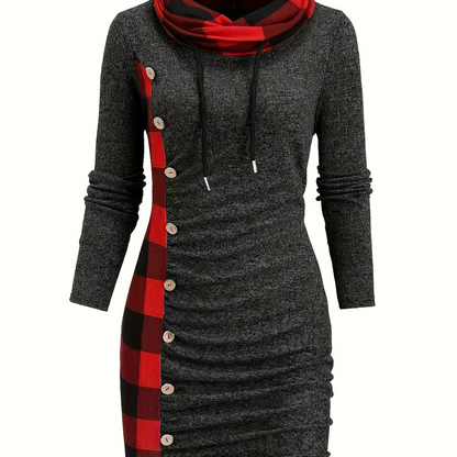 Damen Pulloverkleid mit Rollkragen, kariertem Einsatz & Knöpfen, Langarm, tailliert