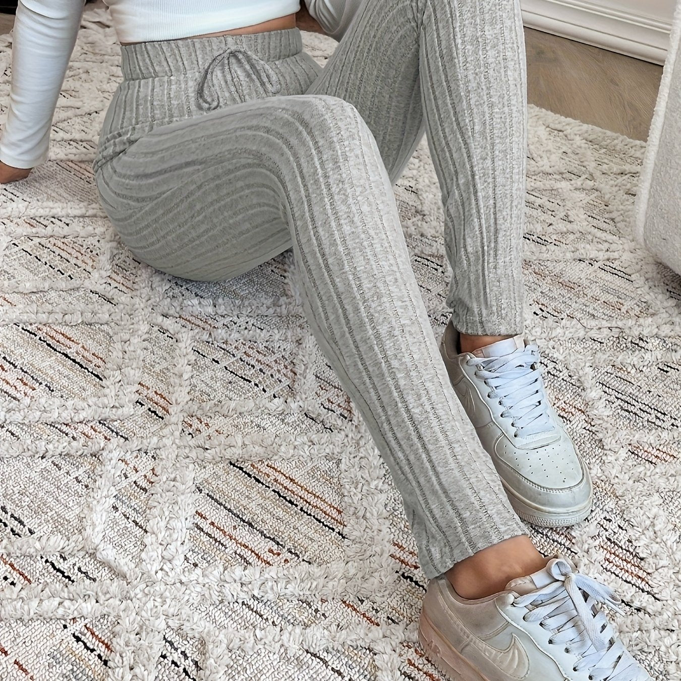 Gerippte Leggings für Damen mit hoher Taille und Kordelzug