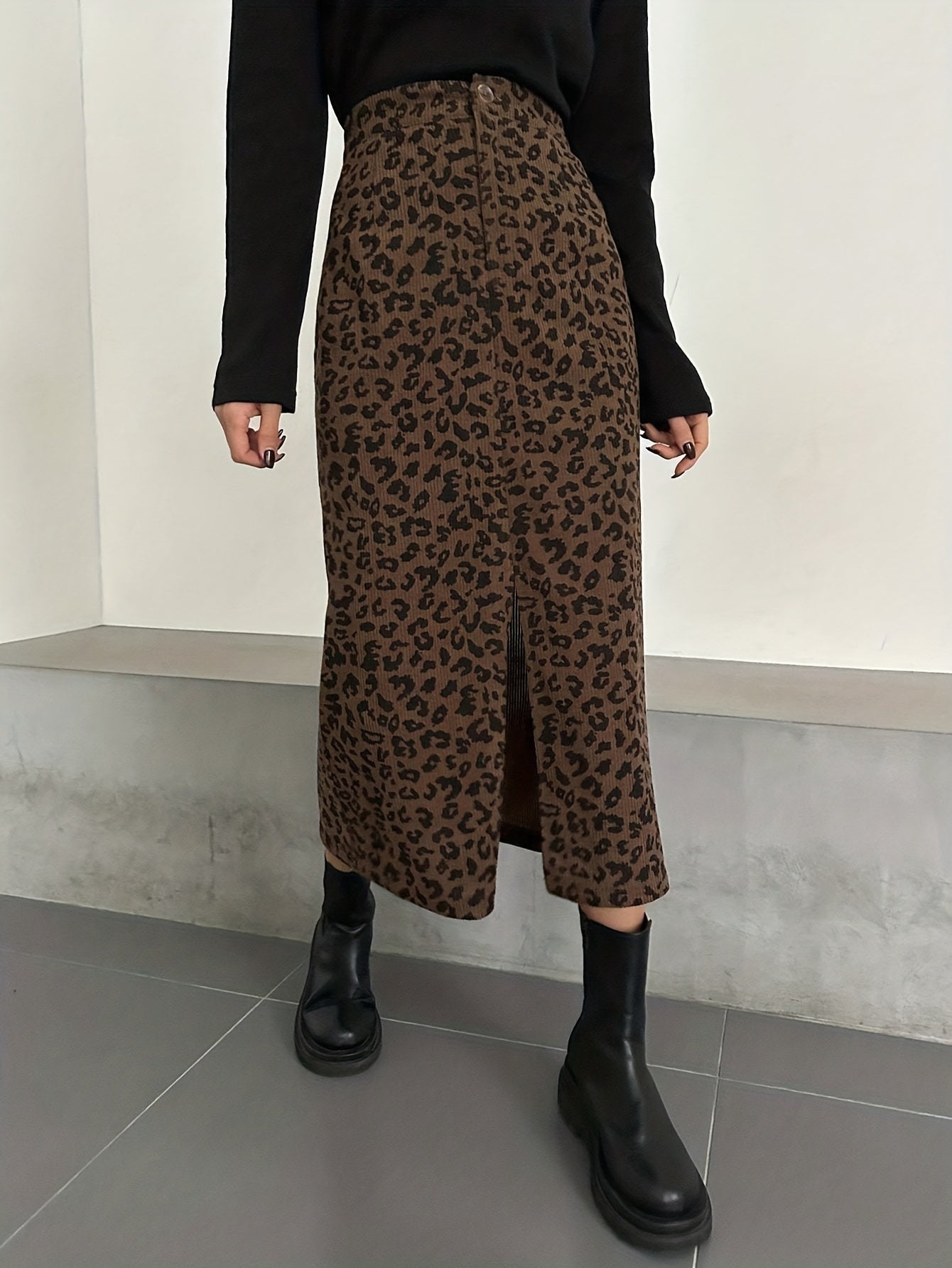 Damen Maxi Rock Leopard Print Rippstrick Schlitz