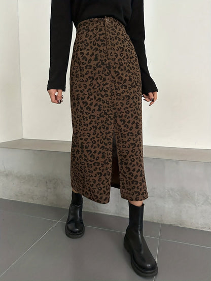 Damen Maxi Rock Leopard Print Rippstrick Schlitz