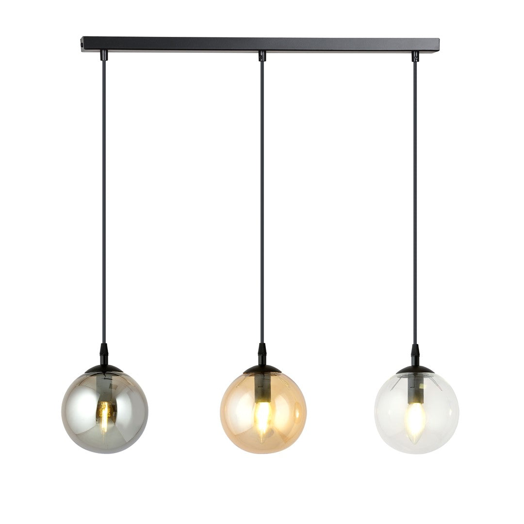 Zwarte hanglamp met drie glazen bolkappen in grafiet, amber en transparant aan een smalle balk
