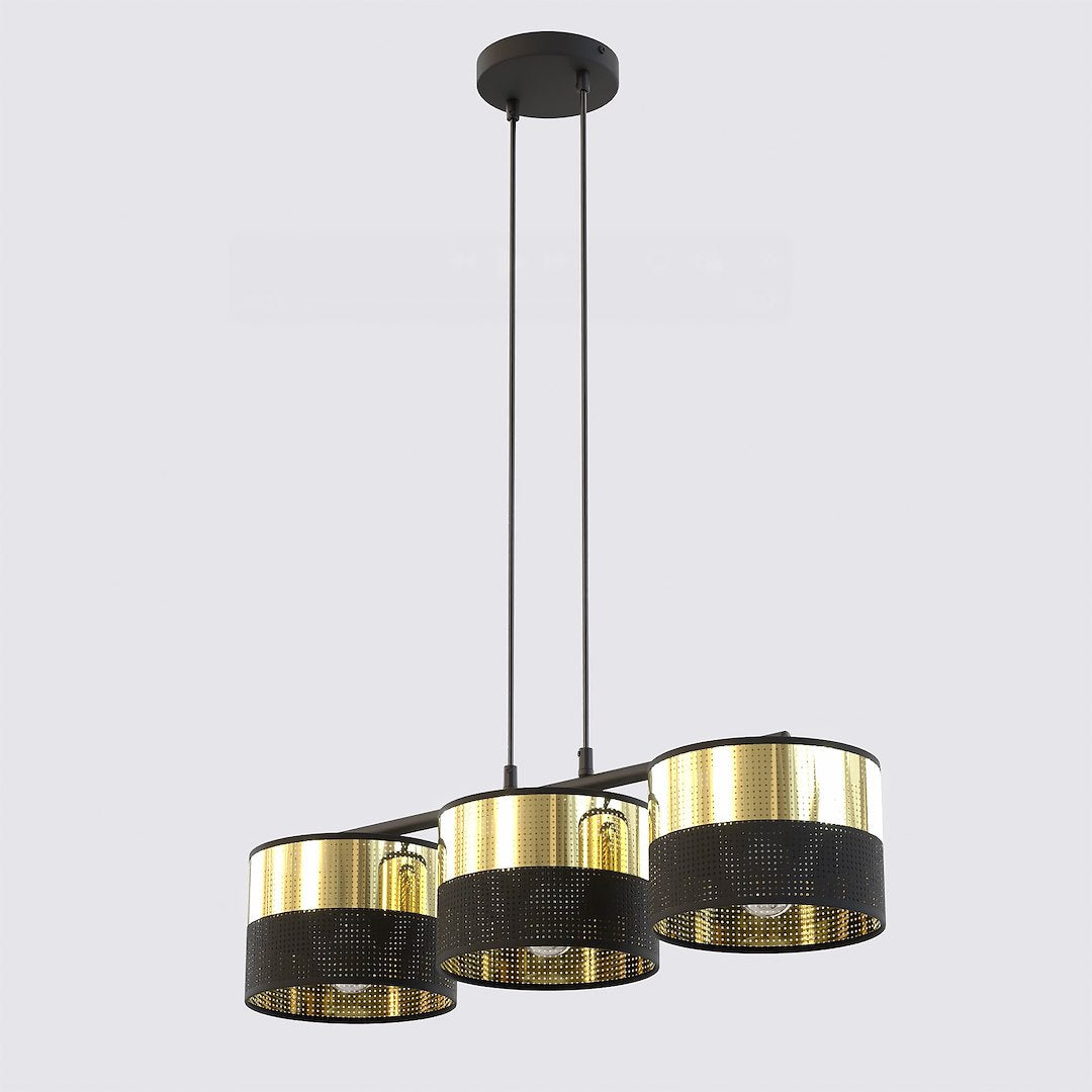 Hanglamp met drie cilindrische kappen in zwart en goud aan een zwarte balk met twee dunne stangen