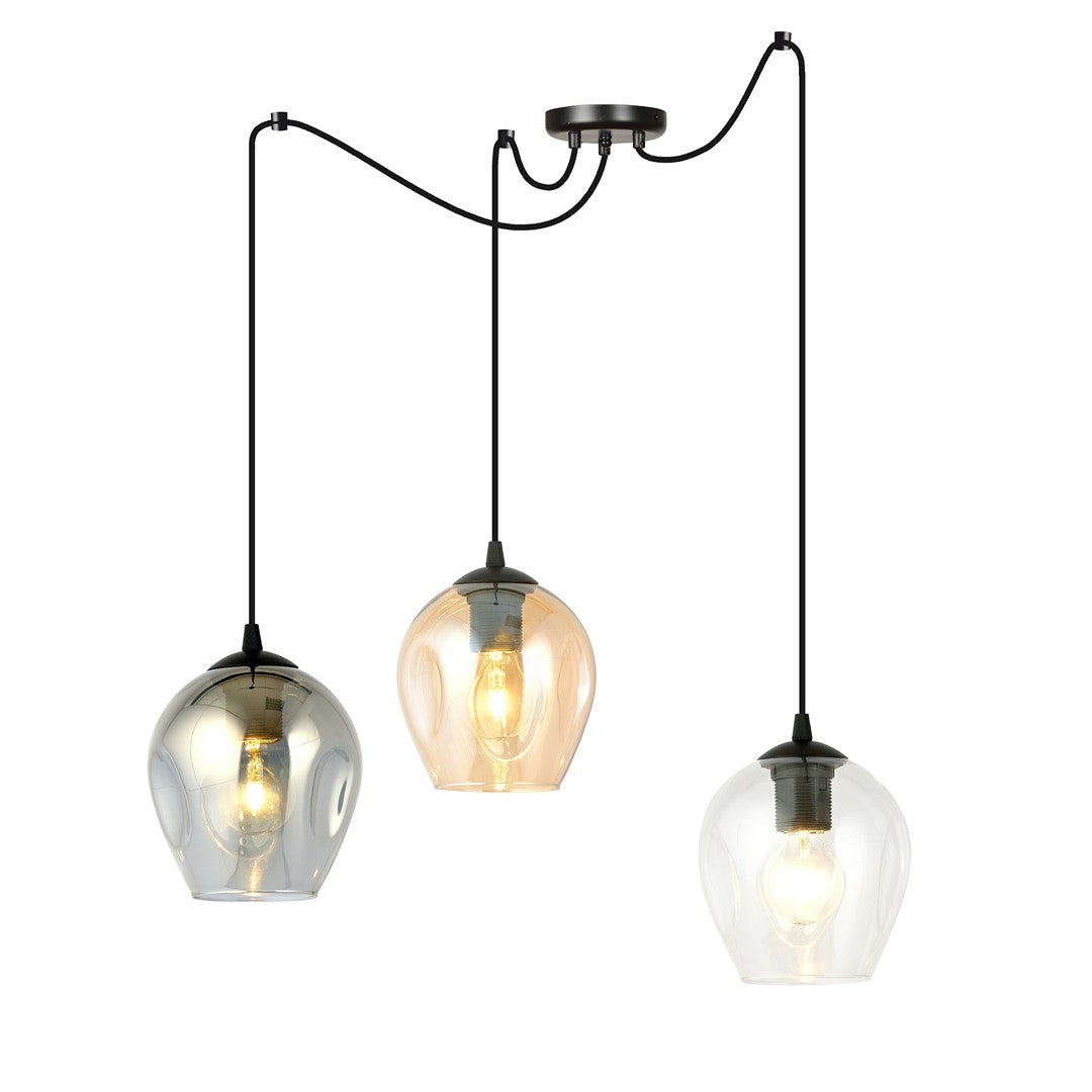 Zwarte hanglamp met drie lange snoeren en glazen kappen in grafiet, amber en transparant