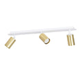 Witte plafondlamp met balk en drie goudkleurige cilindervormige spots