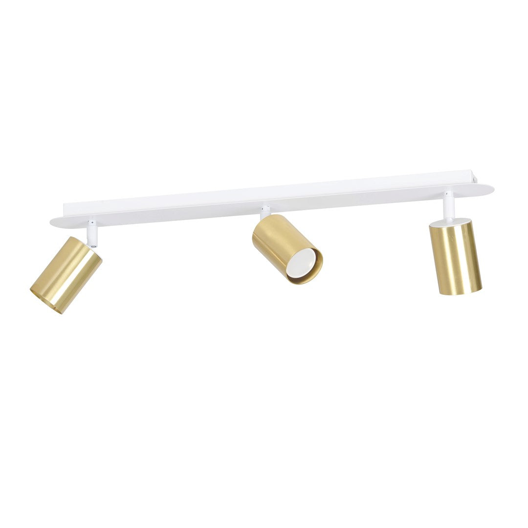 Witte plafondlamp met balk en drie goudkleurige cilindervormige spots