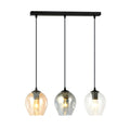 Zwarte hanglamp met drie glazen kappen in amber, grafiet en transparant aan een rechte balk