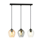 Zwarte hanglamp met drie glazen kappen in amber, grafiet en transparant aan een rechte balk