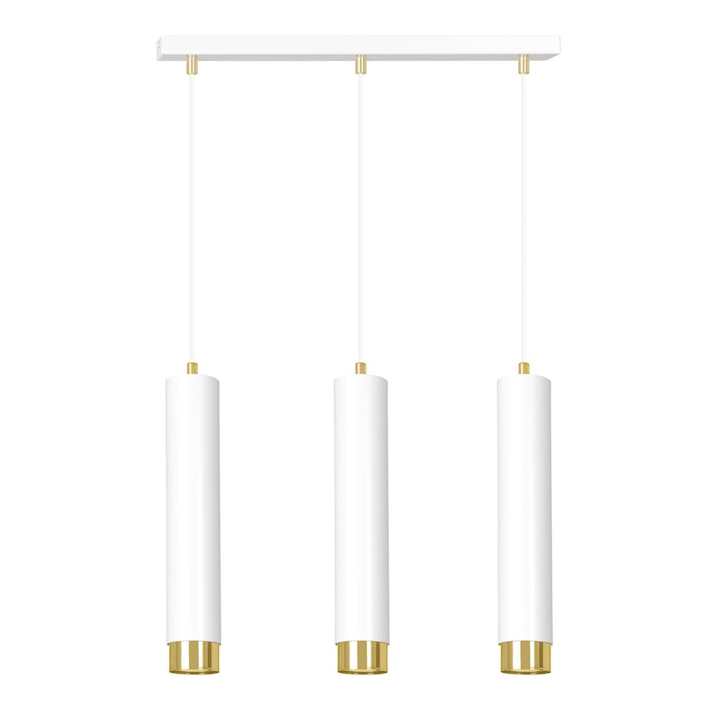 Witte hanglamp met drie buisvormige kappen en gouden accenten aan een wit plafondbalkje