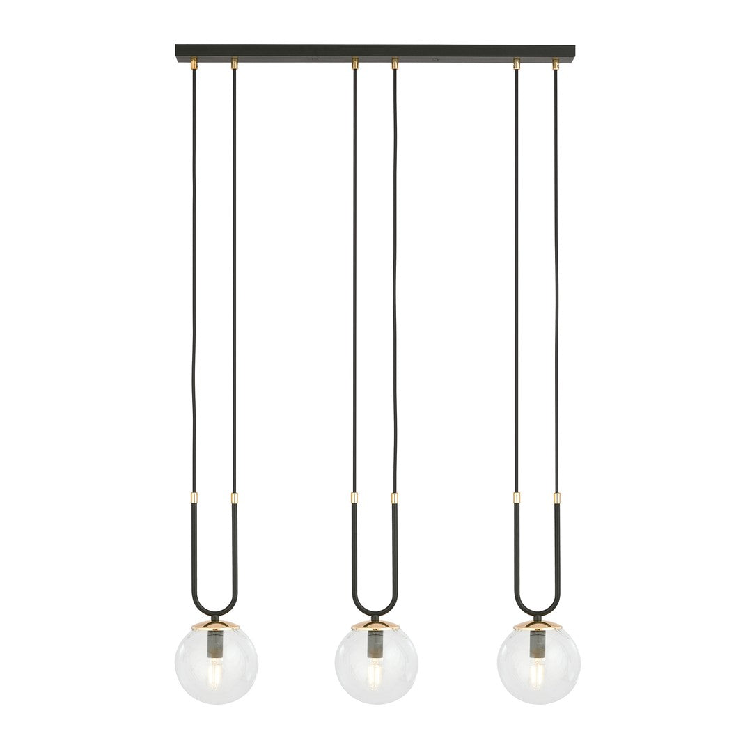 Zwarte hanglamp met drie transparante glazen bollen en gouden details aan een langwerpige plafondkap