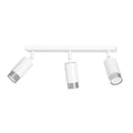 Witte plafondlamp met drie verstelbare spots met zilverkleurige accenten op een rechthoekige balk