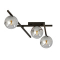 Zwarte plafondlamp met drie ronde grafietkleurige glazen kappen op een stalen frame