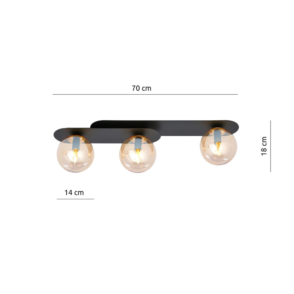 Plafondlamp gepoedercoat staal en glas Plaza, zwart met amberkleurige kappen, 3 lichtpunten, 70 x 18 cm