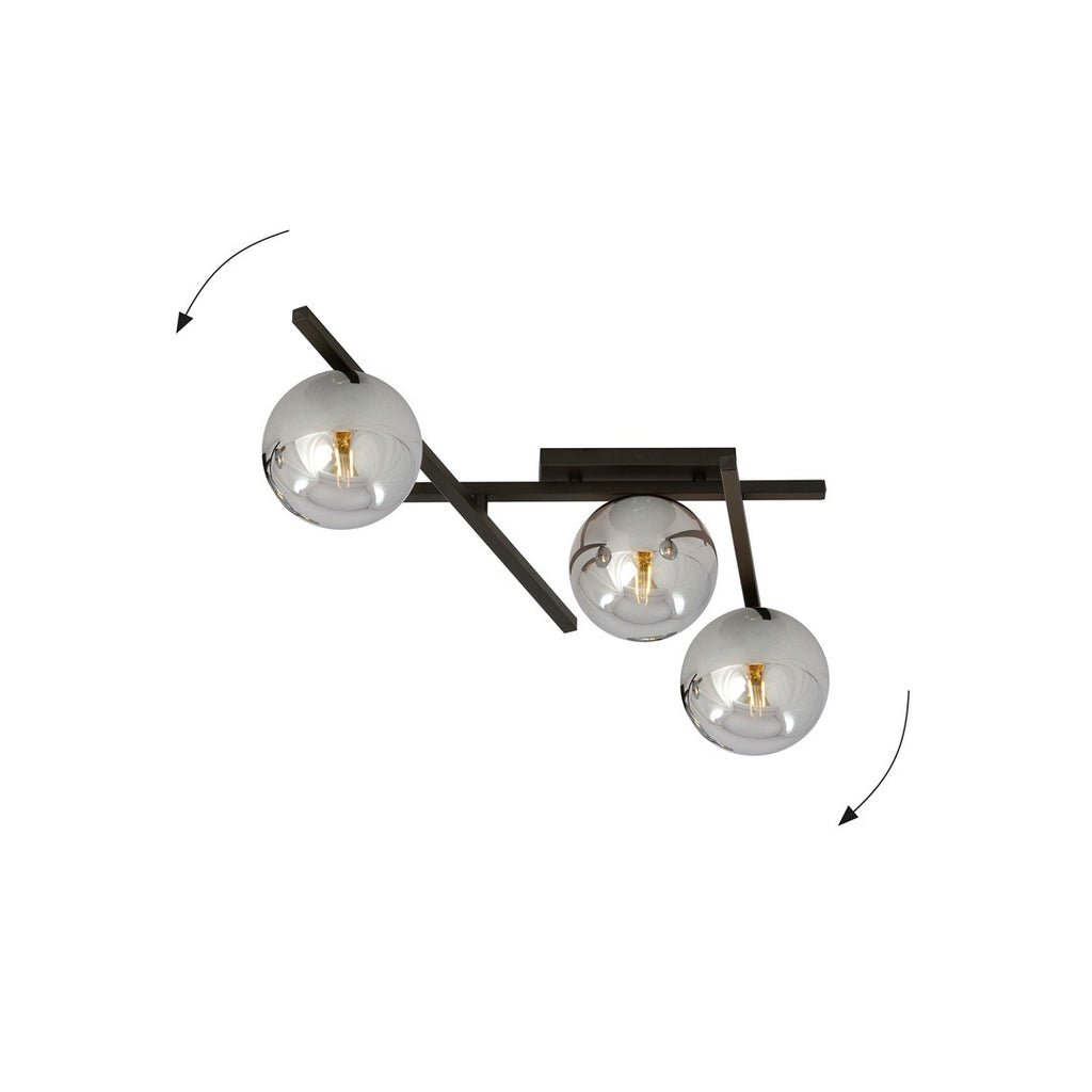 Plafondlamp staal en glas Smart 3 lichtpunten, modern, zwart met grafiet glazen kappen Ø 15 cm