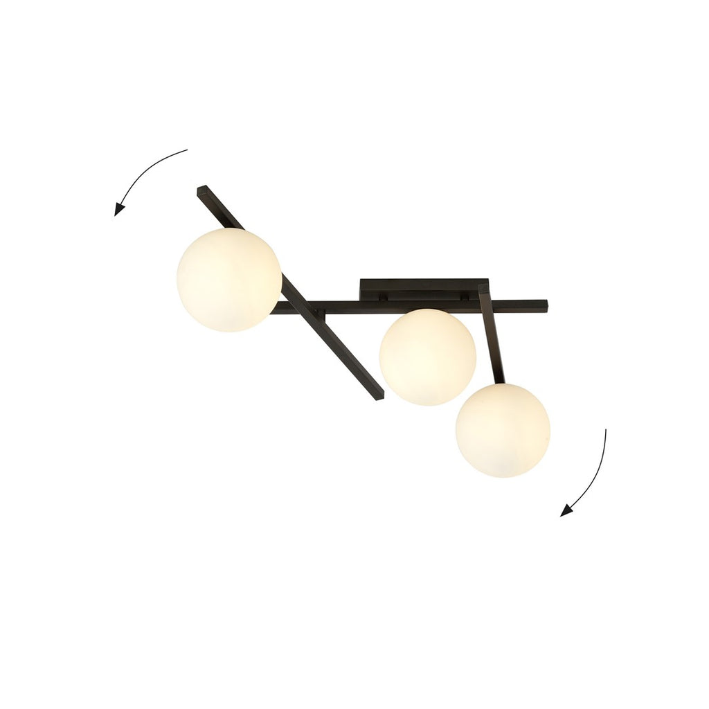 Plafondlamp gepoedercoat staal en glas, modern Smart 3 zwart met witte kappen, 3 x E14, 51 cm breed