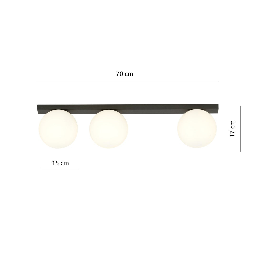 Plafondlamp gepoedercoat staal en glas Fit zwart met witte glazen kappen, 3 lichtpunten E14, 70 cm breed