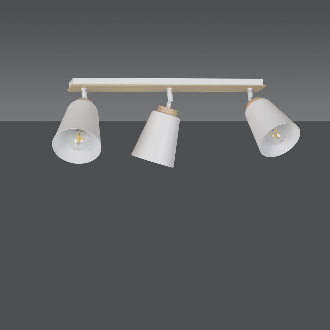 Plafondlamp 3 spots gepoedercoat staal en multiplex, Scandinavisch Atlas, wit met hout, voor lage plafonds