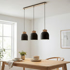 Hanglamp 3 lichts gepoedercoat staal en hout Vigo, Scandinavisch, zwart, 84 cm, boven eettafel of keukeneiland