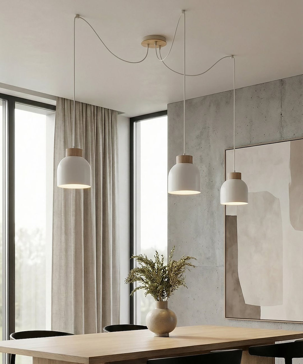Hanglamp Kru gepoedercoat staal en hout, Scandinavisch, wit, 3 lichts met spider-ophanging, E27