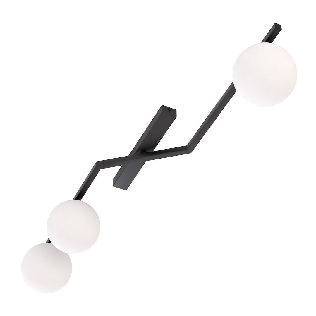 Plafondlamp gepoedercoat staal Naton modern zwart met 3 witte bolkappen, 100 x 32 x 20 cm, woonkamer, eetkamer en hal