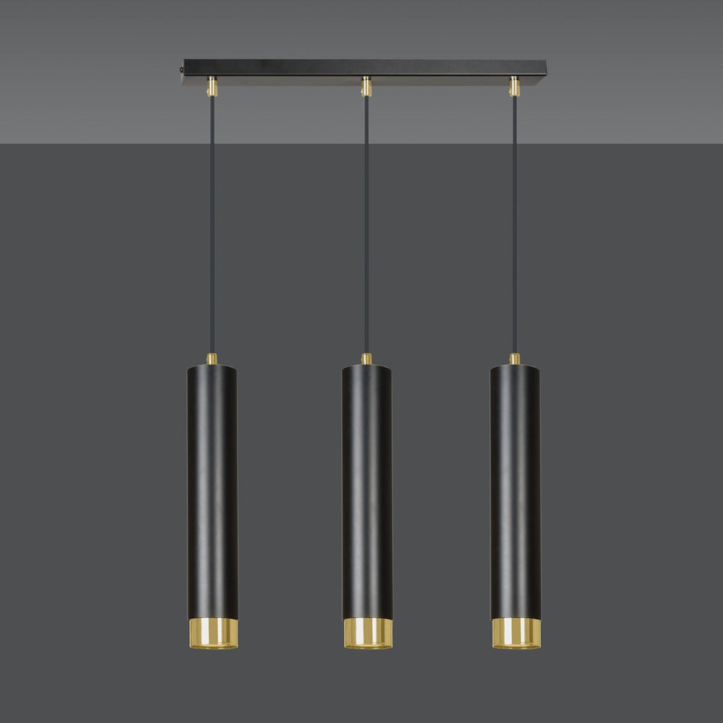 Hanglamp 3-lichts gepoedercoat staal modern zwart met gouden accenten, balk 45 cm, voor woonkamer en eethoek