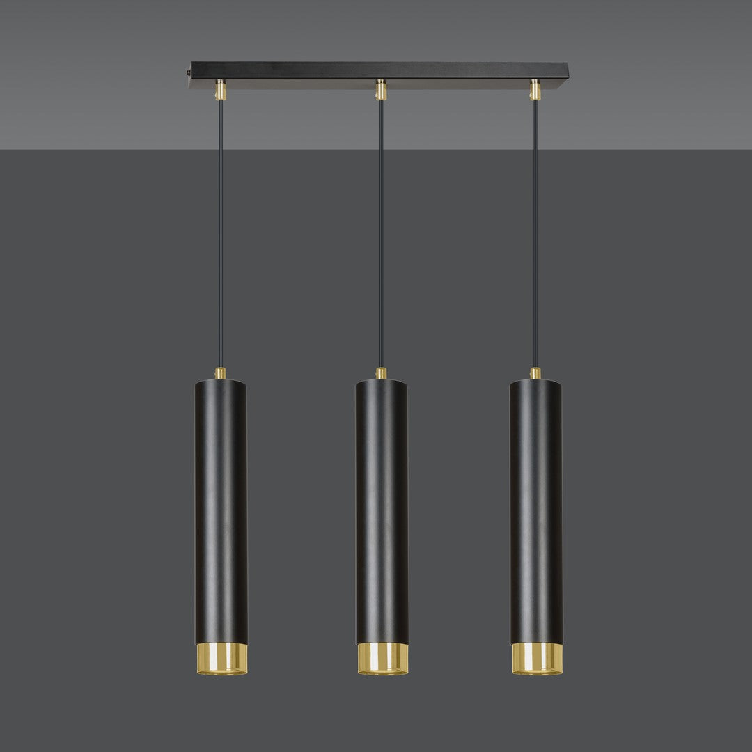 Hanglamp 3-lichts gepoedercoat staal modern zwart met gouden accenten, balk 45 cm, voor woonkamer en eethoek