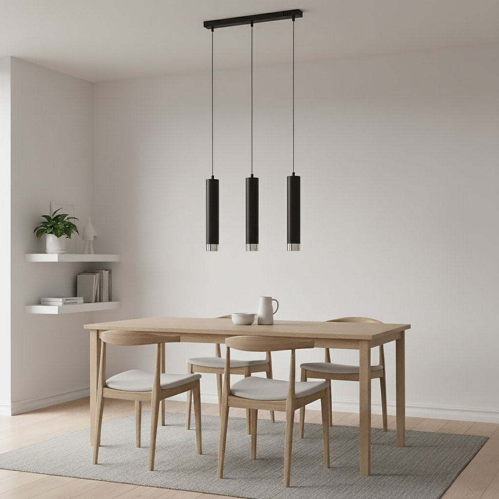 Hanglamp 3-lichts gepoedercoat staal Kibo, zwart met chroom, 45 x 100 cm, voor eettafel en woonkamer
