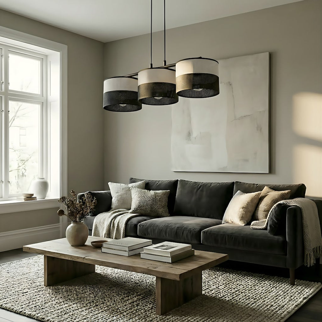 Hanglamp 3-lichts gepoedercoat staal en stof, Karbon, zwart grijs, kapdiameter Ø 20 cm, 70 cm breed