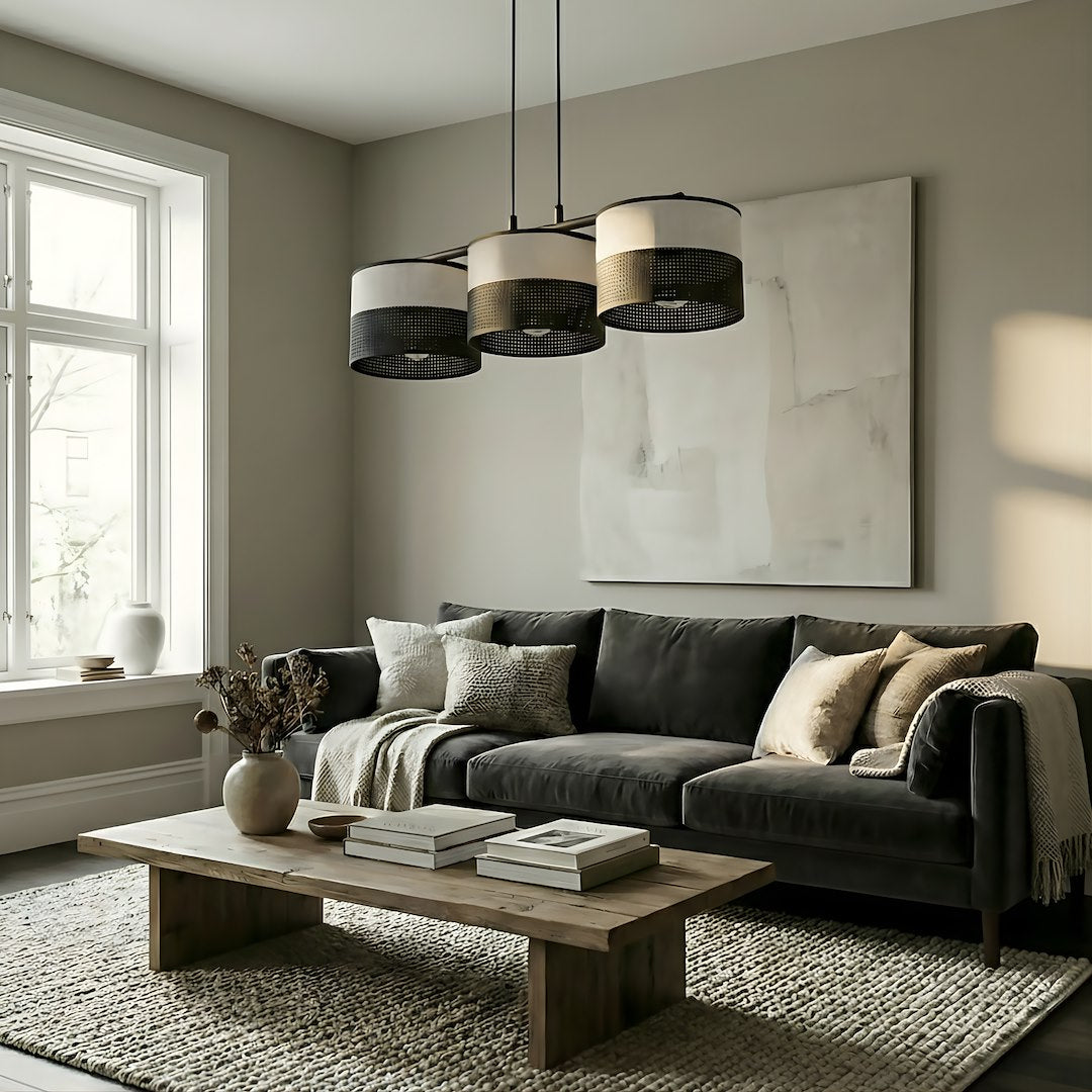 Hanglamp 3-lichts gepoedercoat staal en stof, Karbon, zwart grijs, kapdiameter Ø 20 cm, 70 cm breed