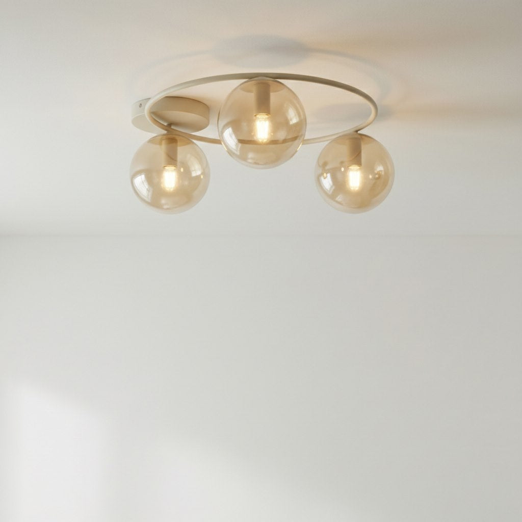 Plafondlamp gepoedercoat staal en glas Sopra, beige met amber glazen kappen, 3 lichtpunten, woonkamer, slaapkamer en hal