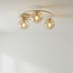Plafondlamp gepoedercoat staal en glas Sopra, beige met amber glazen kappen, 3 lichtpunten, woonkamer, slaapkamer en hal