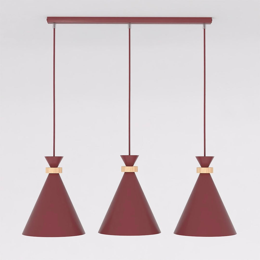 Hanglamp 3-lichts gepoedercoat staal en hout, Scandinavisch Zero, bordeaux, 78 cm, boven eettafel of kookeiland