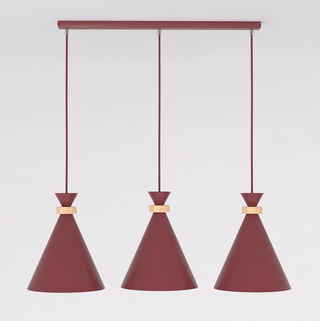 Hanglamp 3-lichts gepoedercoat staal en hout, Scandinavisch Zero, bordeaux, 78 cm, boven eettafel of kookeiland