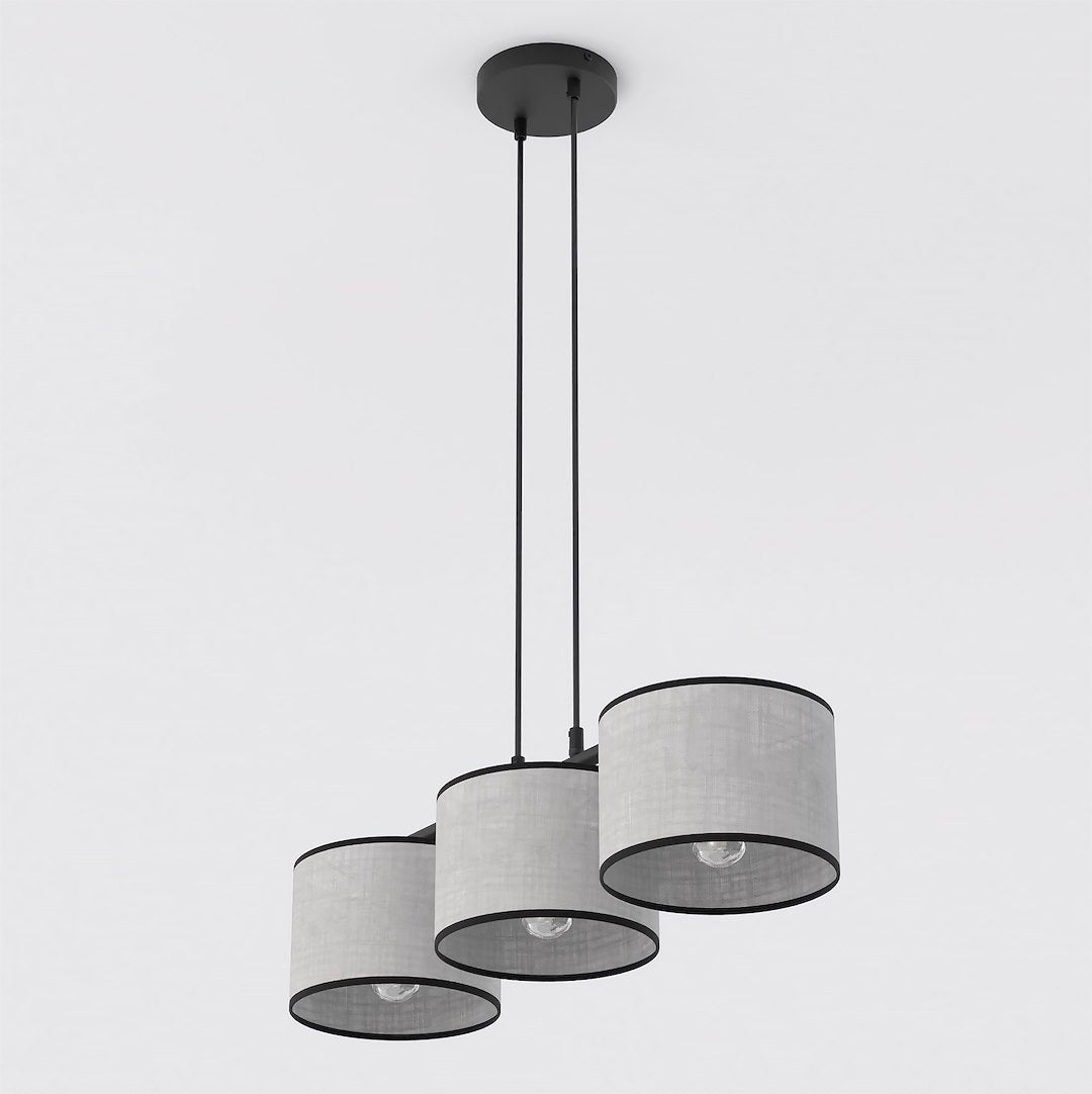 Hanglamp gepoedercoat staal en stof Eco, grijs met zwart, 3 lichts, kap Ø 20 cm, eettafel en kookeiland