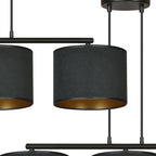 Hanglamp gepoedercoat staal en stof Hilde, zwart met gouden binnenkant, 3 kappen Ø 20 cm, minimalistisch, eetkamer