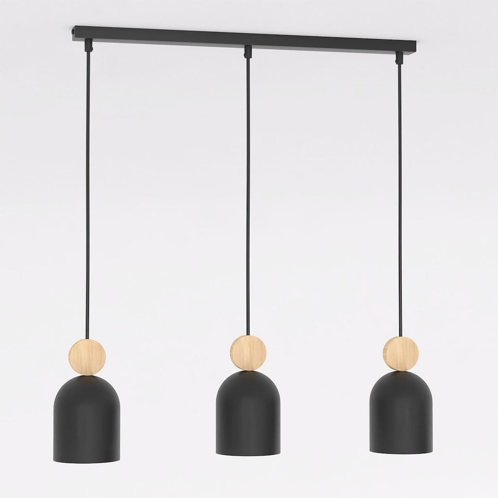 Hanglamp 3 lichts gepoedercoat staal en hout, Scandinavisch Mesi, zwart, 66 cm breed, voor kookeiland