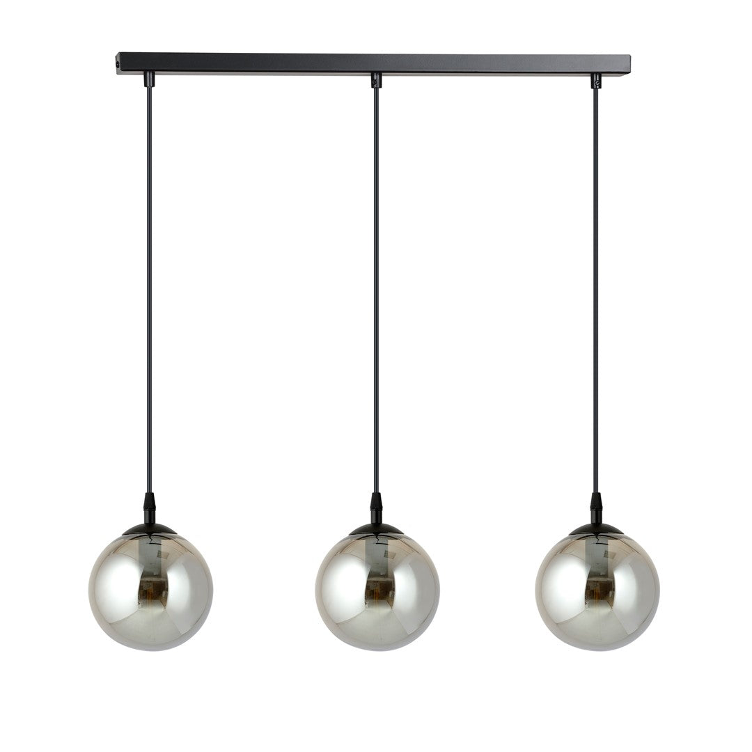 Hanglamp 3-lichts gepoedercoat staal en glas, Cosmo, zwart met grafiet glas, 70 x 100 cm, eettafel en woonkamer