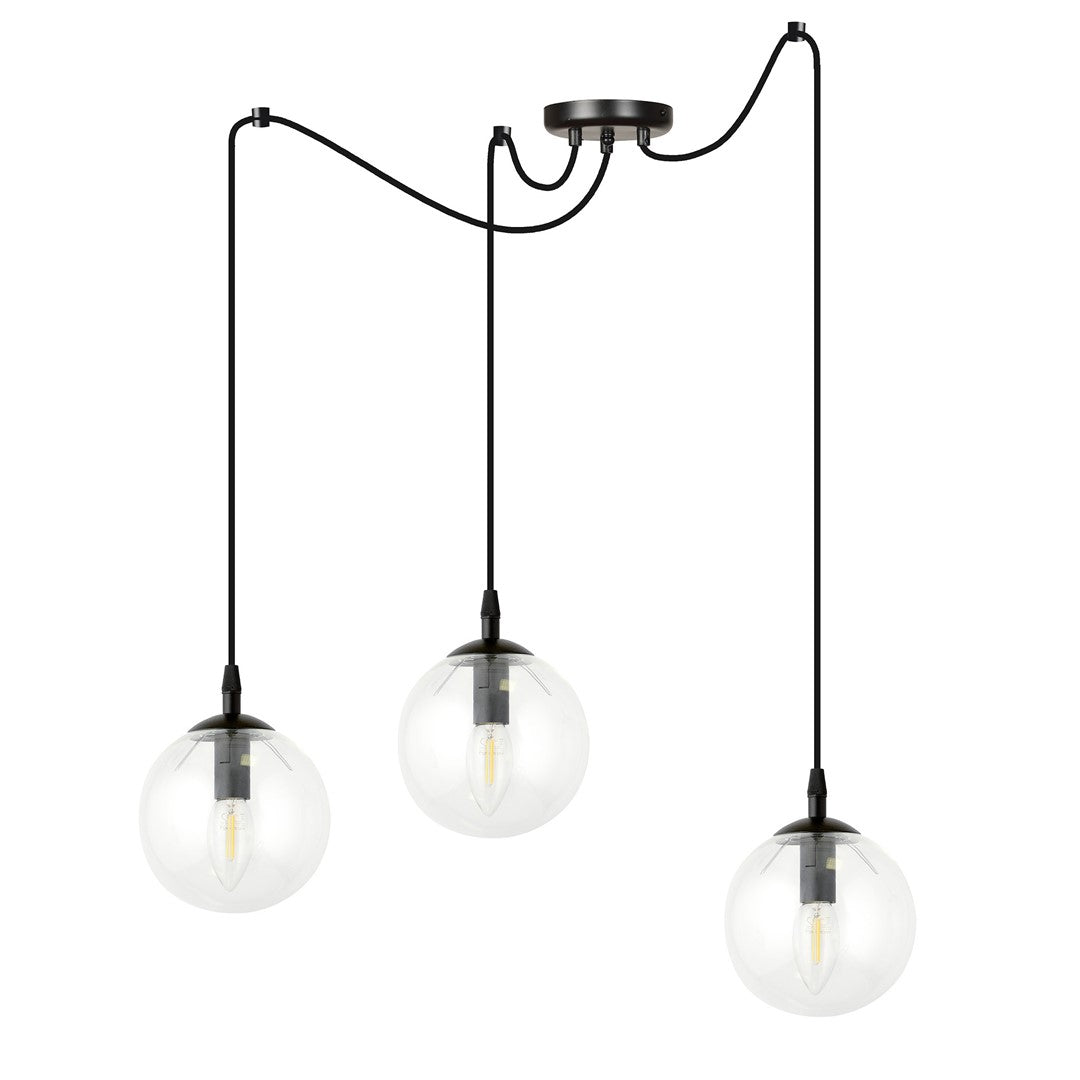 Hanglamp gepoedercoat staal en glas Gigi, zwart met transparante kappen, 3 lichtpunten, E14, in hoogte verstelbaar