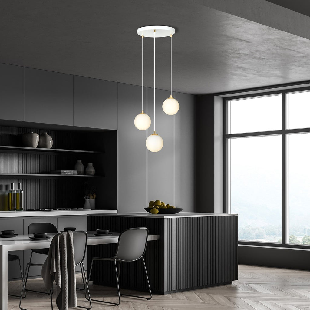 Hanglamp staal en glas Royal retro wit met goud, 3 lampen, kap Ø 14 cm, voor eettafel, keuken of woonkamer
