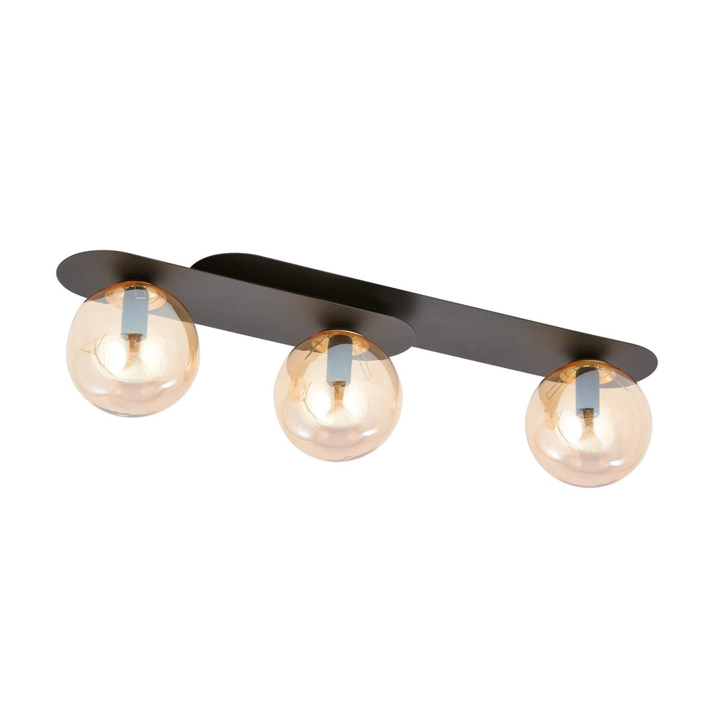 Plafondlamp gepoedercoat staal en glas Plaza, zwart met amberkleurige kappen, 3 lichtpunten, 70 x 18 cm